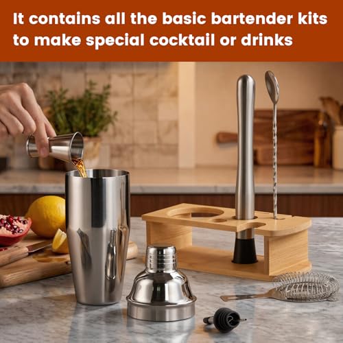 ZPUFAW 8-Piece Cocktail Shaker Set with Wooden Stand - Bar Tool Kit