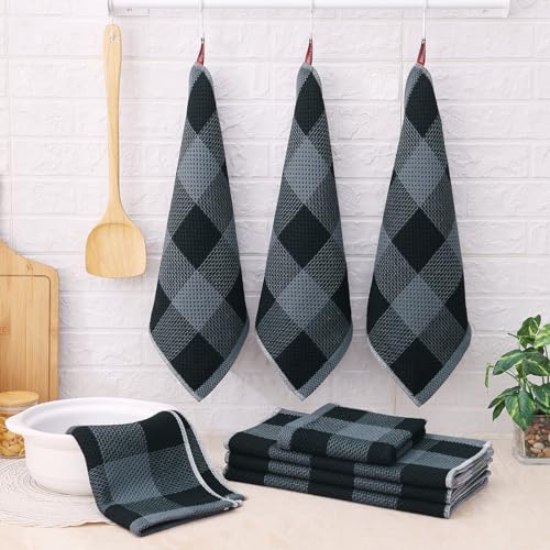 8-Piece Cotton Waffle Weave Kitchen Towel and Dishcloth Set - Black & Grey