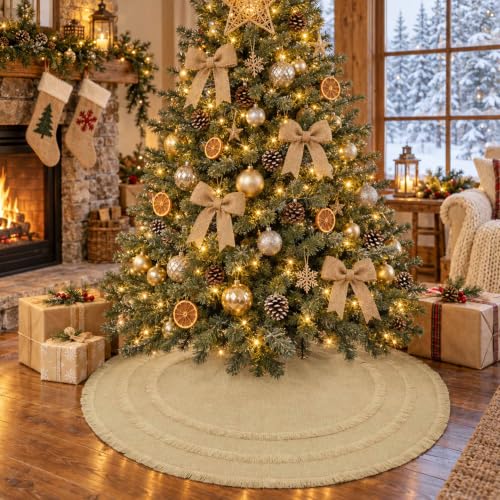 Yuboo 48 Inch Burlap Christmas Tree Skirt with Tassel (Fall) - Rustic 3-Layer 48in