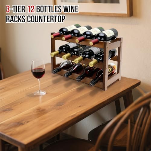 3-Tier Bamboo Wine Rack - 12 Bottle Countertop Storage Holder, Walnut