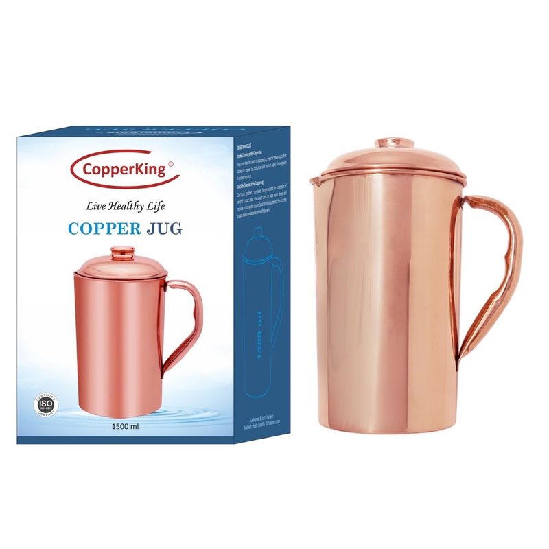 CopperKing Pure Real Copper Metal Carafe Pitcher for Drinking Water With big handle and lid, large size Jug 50oz - 1500ml With 2 Cups Tumbler Glasses Set, Best Ayurvedic Benefit Vessel (Hammered)