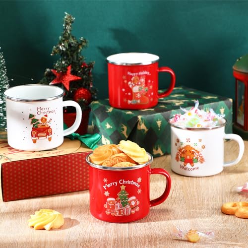 Christmas Enamel Coffee Mug Set - 8.5oz Gingerbread Holiday Drinkware, Pack of 4