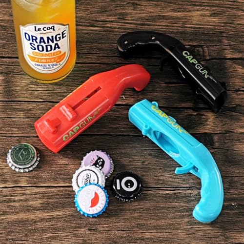 LibereTech Cap Shooting Bottle Opener Gun - Colorful Party Gadget for Men, Blue Red Black Gray