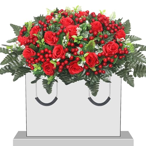 Christmas Cemetery Saddle Flowers 20in Roses & Red Berries for Headstones