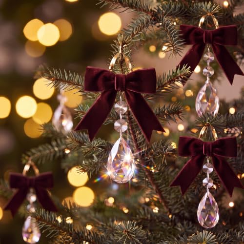 Riceshoot 12 Pcs Burgundy Velvet Bow & Crystal Christmas Ornaments (Variation: Burgundy)