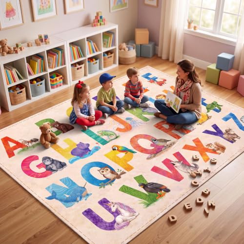 Alphabet Animal Classroom Rug 5 x 7 ft, Educational Play Carpet for Kids