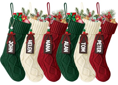 Cable Knitted Christmas Stockings 18 Inch Large Set of 6 (Red, Green, White)