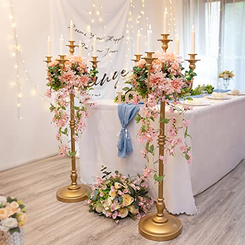 Sziqiqi 50in Gold Floor Candelabra Candle Holders for Weddings, 5-Arm, 2 Pieces