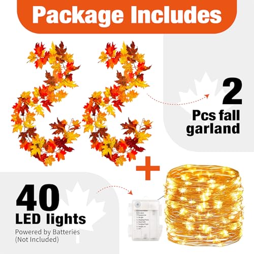 Artificial Fall Maple Leaf Garland with 40 LED String Lights, 2 Pack