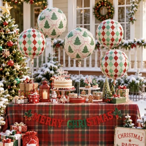 Green Christmas Balloons Set with 4D Foil Balloons, Retro Red & Green Argyle & Tree Pattern, Pink Bow, 22 Inch - Holiday Party Decorations