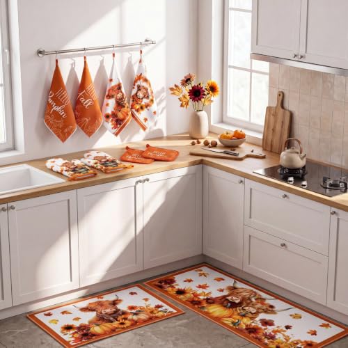 10-Piece Highland Cow Kitchen Decor Set - Farmhouse Towels, Rugs & Oven Mitts