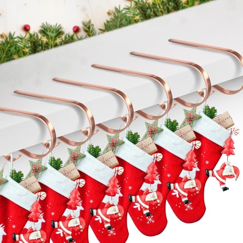 8 Pack Rose Gold Christmas Stocking Hangers for Mantel - Adjustable, Anti-Slip Stocking Holders