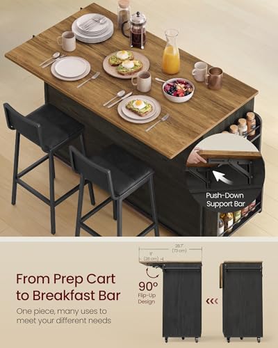 Mobile Kitchen Island Cart with Drop Leaf and Hidden Trash Can Storage