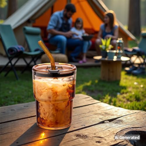 13oz Glass Tumbler with Lid and Straw, Thick-Walled Iced Coffee Cup
