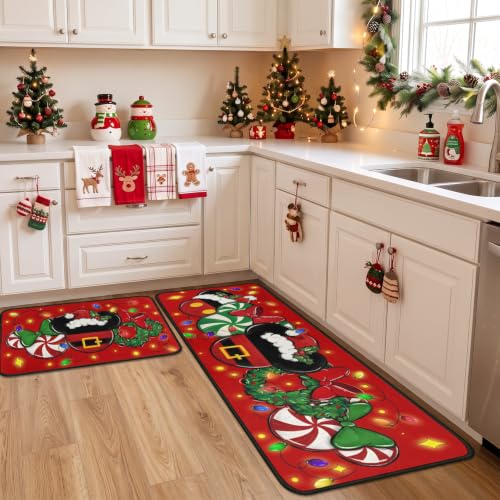 Faptoena Red Xmas Kitchen Rugs Set of 2 Non-Slip Washable Floor Mats - Holiday Decor