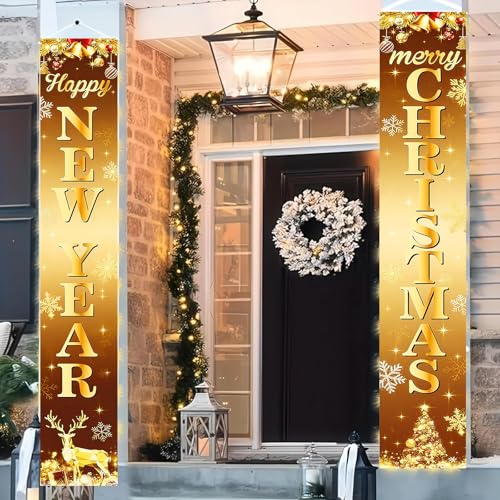 Merry Christmas & Happy New Year Porch Banner Set 12x71 Inch Gold Snowflakes Reindeer Holiday Home Decor