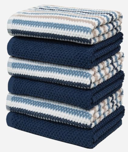 6-Pack 100% Cotton Kitchen Towels 16"x26" - Blue Striped Absorbent Hand Towels