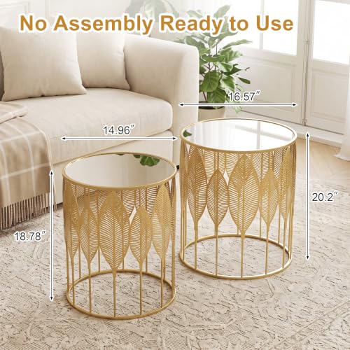 Gold Metal Nesting Tables Set of 2, Round Side Tables with Leaf Design