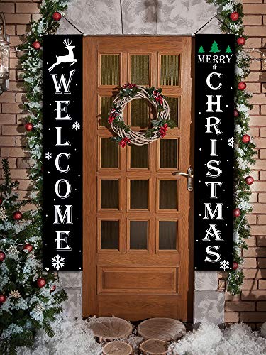 Boao Christmas Porch Banner - Welcome Snowflake Deer Tree Signs, 2 Pack