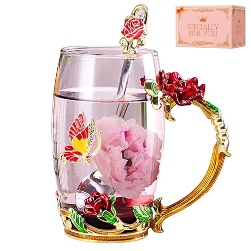 DasyFly Rose Red Enamel Butterfly Flower Tea Mug - Elegant Gift for Women