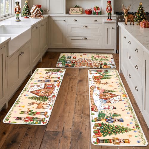 VISSTREE Xmas Nutcracker Kitchen Mats Set - Non-Slip Holiday Rug Collection