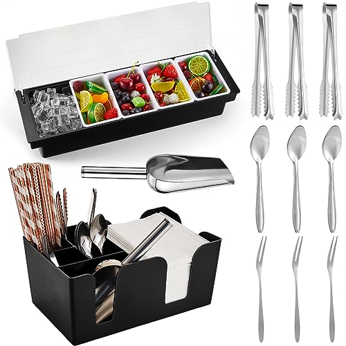 Tessco for You Garnish Tray with Lid - Plastic Bar Caddy with 5 Compartments