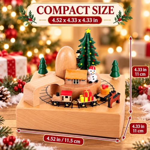 Wooden Christmas Music Box with Rotating Tree and Train - Wind-Up Holiday Decor