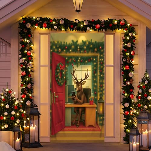 Preboun Christmas Door Cover Reindeer Holiday Banner 70x35 Inch Indoor Outdoor Decor