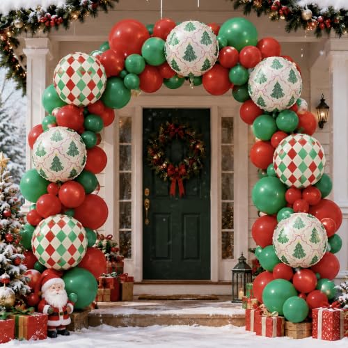 Green Christmas Balloons Set with 4D Foil Balloons, Retro Red & Green Argyle & Tree Pattern, Pink Bow, 22 Inch - Holiday Party Decorations