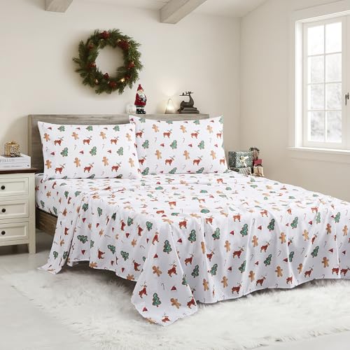 Sweet Home Collection Holiday Cookies California King Sheets with Built‑in Straps – Festive Winter Bedding