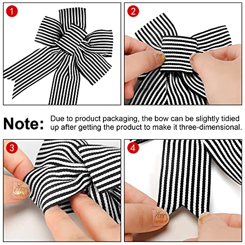 MTLEE 12-Pack Black White Stripe Christmas Bows with Hemp Rope, 5x7 inch