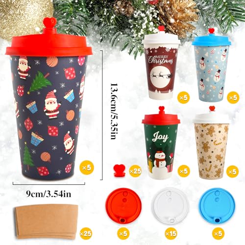 CUPLOOV 16oz 25-Pack Christmas Coffee Cups with Lids & Sleeves - Retro 5-Design Holiday Paper Cups