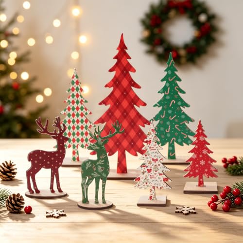 Christmas Wooden Table Decorations Set of 7 - Rustic Holiday Centerpieces