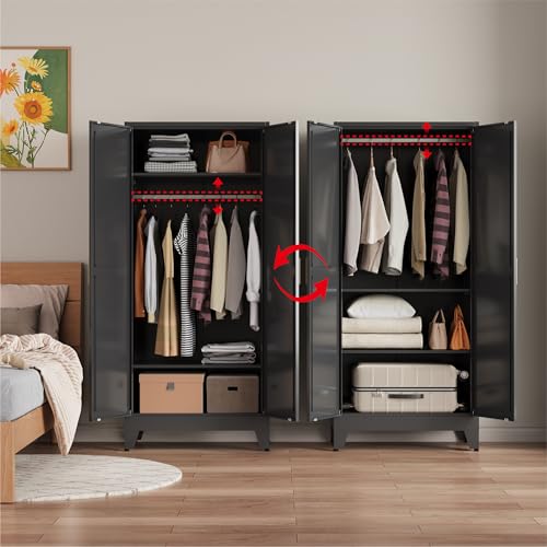 71-Inch Metal Wardrobe Closet with Hanging Rod, 2 Doors, and Shelves