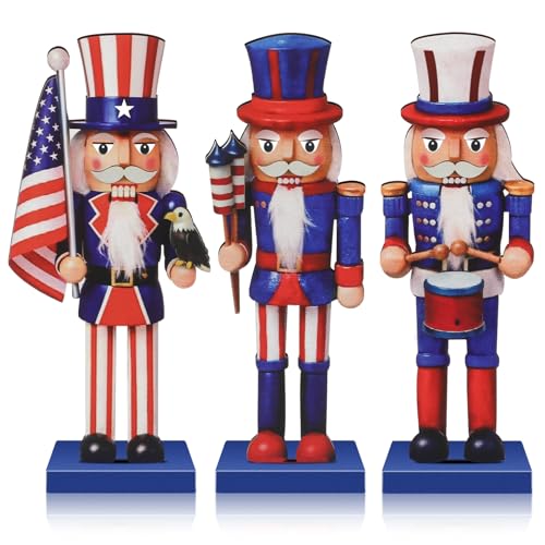 3-Piece Patriotic Wooden Nutcracker Figures - 7 Inch Red & Blue Tabletop Decor