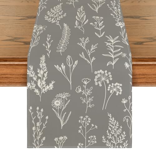 Artoid Mode 13x72 Inch Leaves Flowers Spring Table Runner Silver Seasonal Kitchen Decor