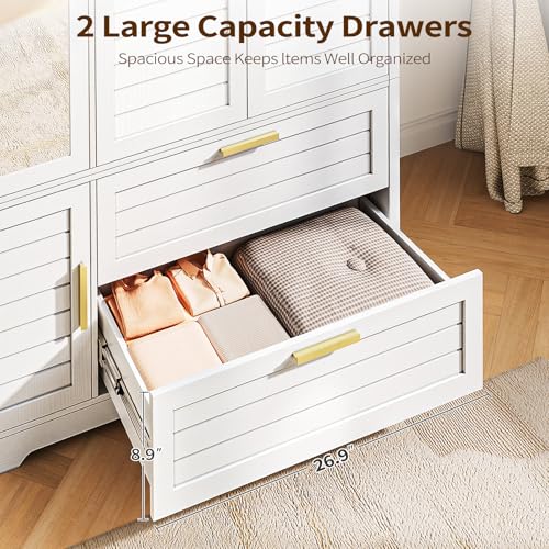 71-Inch Wood Wardrobe Closet with Mirror, 3 Doors and 2 Drawers