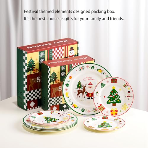 8-inch Fine Bone China Christmas Dessert Plates Set of 4, Red Green Holiday Design in Gift Box