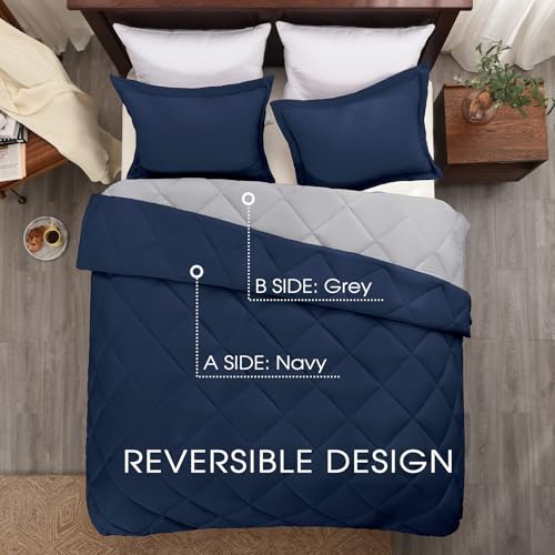Navy Blue Reversible Queen Comforter Set with Pillow Shams