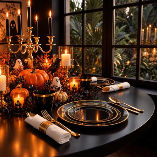 WELLIFE 210-Piece Black & Gold Plastic Dinnerware Set for 30 Guests – 30 Dinner Plates, 30 Dessert Plates, 30 Black 9 oz Cups, 30 Pre-Rolled Napkins, Goldware