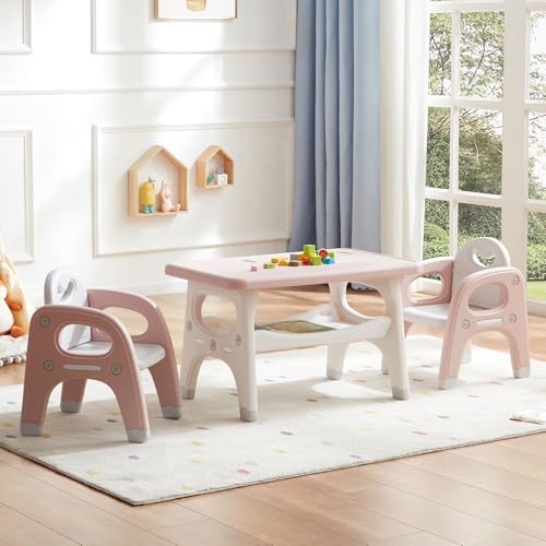 Kids Activity Table and 2 Chairs Set with Storage, Pink Toddler Furniture