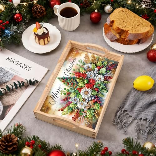 DIY Diamond Serving Tray Christmas Flowers - Handmade Wooden Breakfast Tray with Handles