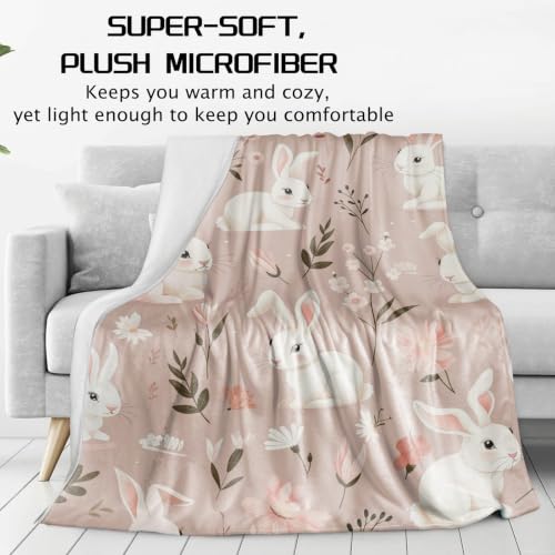VANZEV Bunny Rabbit Fleece Blanket 60x80 in - Cute Floral Cozy Throw for Kids & Adults, Plush Home Decor