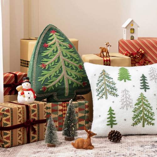 Phantoscope Green Christmas Tree Velvet Throw Pillow with Beaded Embroidery, 18x14 in