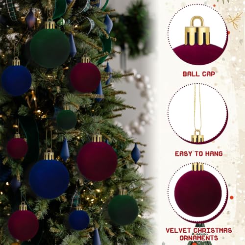Foilswirl Velvet Christmas Ornaments Set 36 Pcs in Red Green Blue 3.9/3.1/2.8 inch