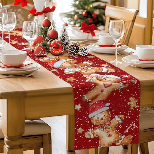 Christmas Gingerbread Man Table Runner 13x36 Inch Holiday Decor for Dining & Party