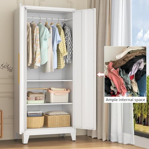 72-inch Tall Metal Wardrobe Closet with Adjustable Shelves and Hanging Rod