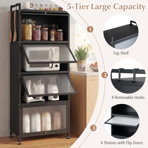 5-Tier Kitchen Storage Cabinet with Rolling Wheels and Flip-Up Doors