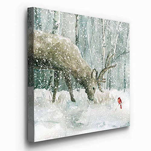 40x40 Reindeer and Cardinal Christmas Wall Art - Scenic Winter Forest Canvas, Ready to Hang, Premium Gallery Wrapped Decor, Made in USA