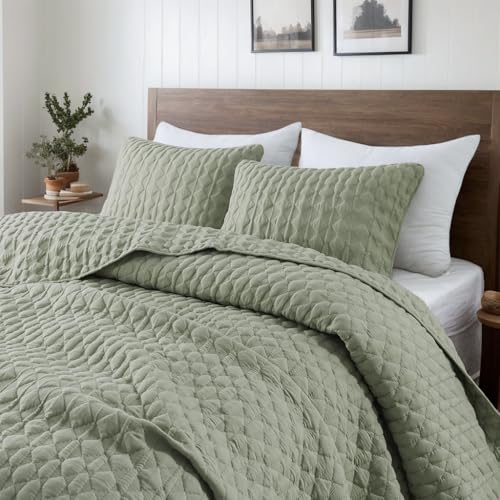 WDCOZY Sage Green Queen Quilt Bedding Set - 3 Piece Lightweight Coverlet